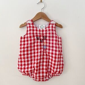 CUSTOM MADE EUC Boys Red Gingham Seersucker Embroidered Mouse Ears Bubble